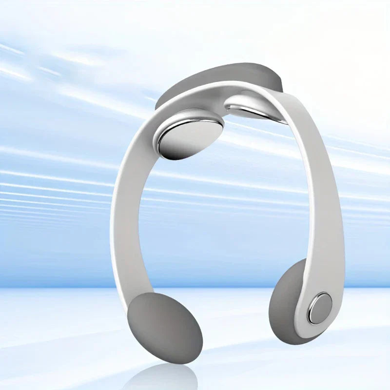 Shiatsu Neck Massager - White and gray U-shaped neck massager shown against a light blue streaked background with no text