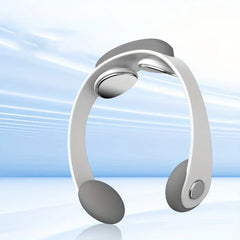 Shiatsu Neck Massager - White and gray U-shaped neck massager shown against a light blue streaked background with no text