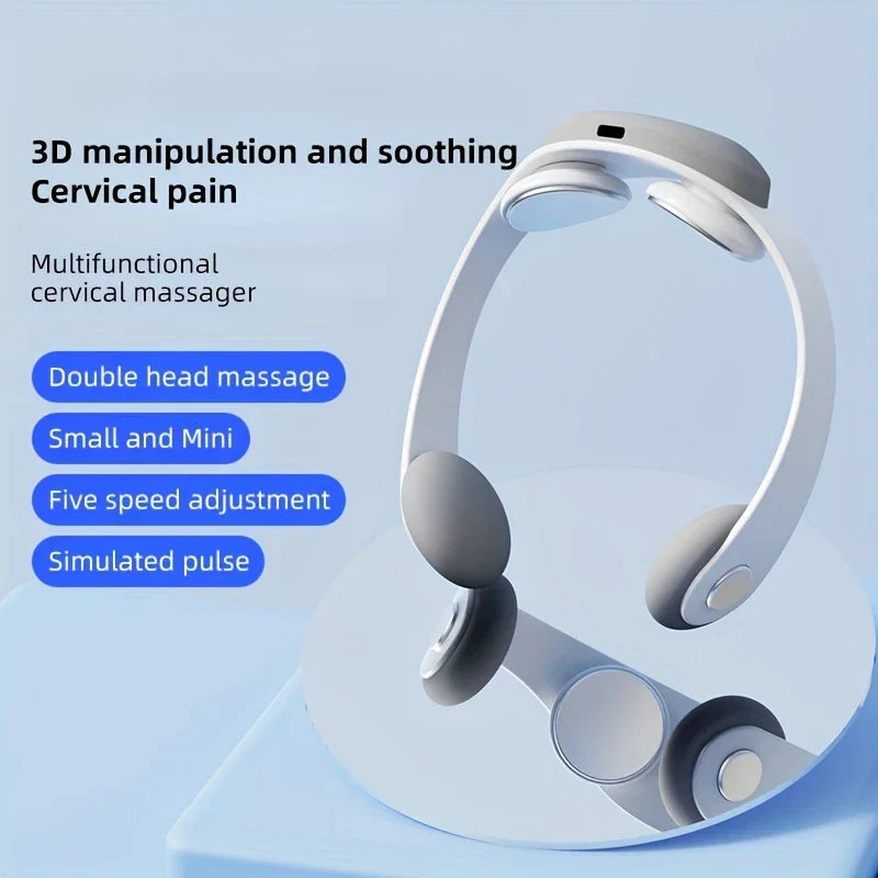 Shiatsu Neck Massager - White cervical massager on light blue platform, with listed feature bullets to its left