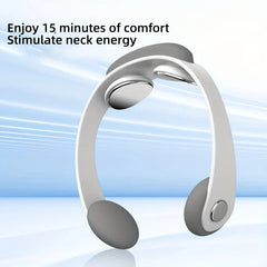 Shiatsu Neck Massager - White and gray U-shaped neck massager shown against a light blue streaked background with black descriptive text at the upper left