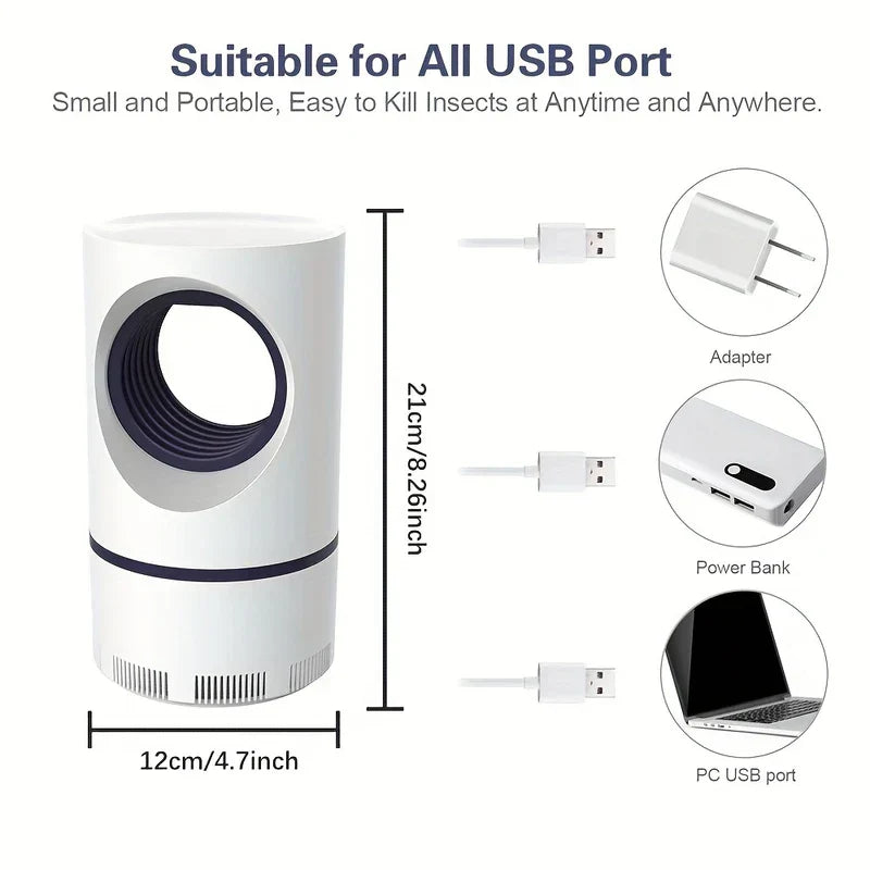 White USB-powered bug zapper with dimension labels, shown with USB cable, adapter, power bank and laptop USB port examples.