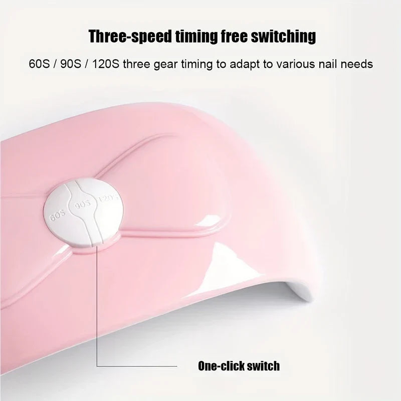 Nail Dryer - Close-up of the white control dial showing 60S, 90S, 120S timer settings, with callouts for three-speed timing and one-click operation
