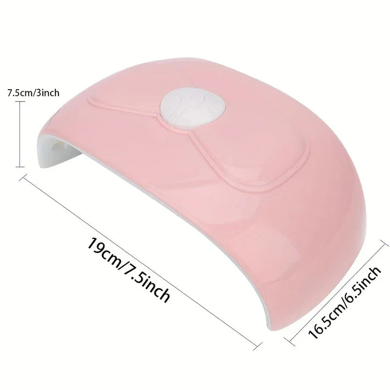 Nail Dryer - Pink nail curing lamp shown from above, with marked size dimensions