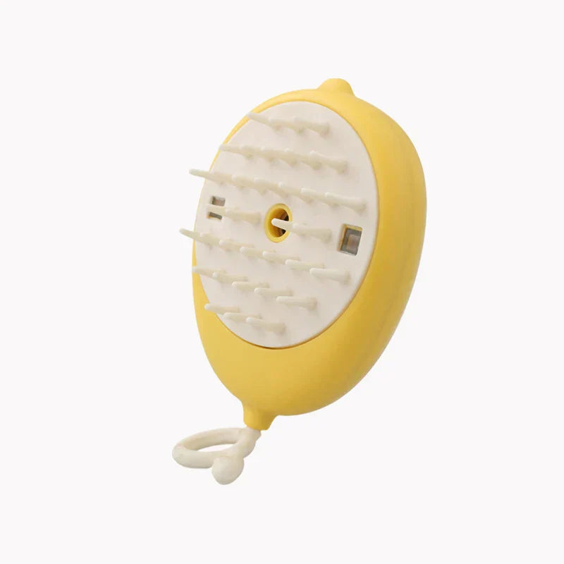 Uv Light Pet Grooming Comb - Yellow lemon-shaped pet brush with white soft bristles, a hanging loop, two small windows and a central hole.