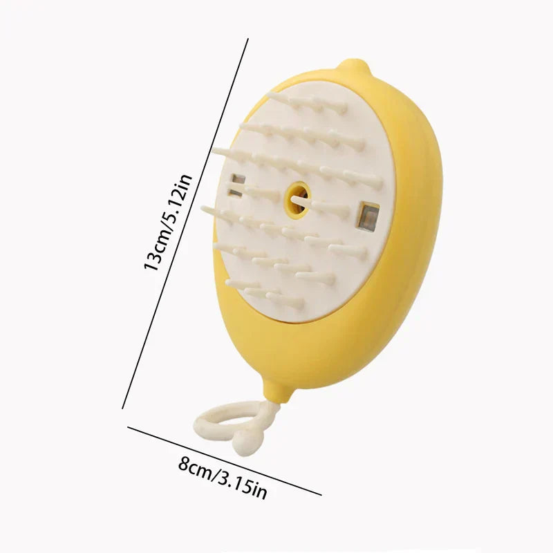 Uv Light Pet Grooming Comb - Yellow lemon-shaped pet grooming brush with white bristles, showing dimension lines on a white background