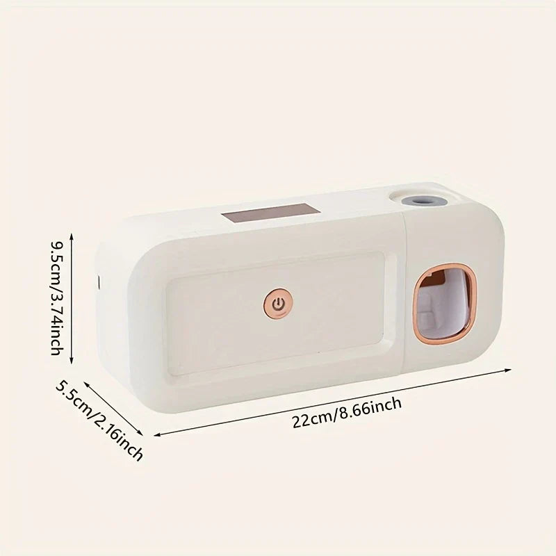Esterilizador UV para cepillo de dientes: dispositivo de baño de pared blanco con acento rosa dorado, botón de encendido, dos puertos laterales y dimensiones etiquetadas.