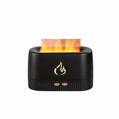 Black ultrasonic aroma diffuser with simulated orange flame effect, two control buttons, and a front flame emblem, on white background