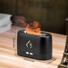 Black ultrasonic aroma diffuser with simulated flame, mist, and size dimensions on a wooden table.
