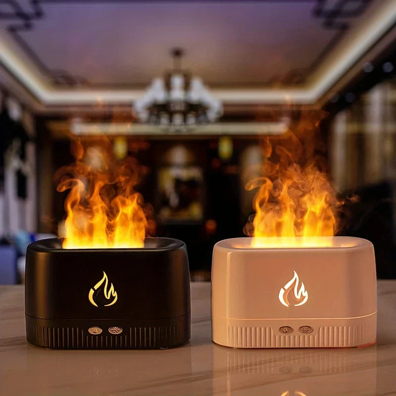 Ultrasonic Aroma Diffuser - Black and white ultrasonic aroma diffusers both emitting simulated flame effects, placed side by side on a reflective surface.