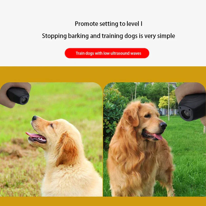 Hand holds dog repeller trainer near two golden retrievers outdoors, with product text about level 1 ultrasound training