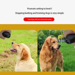 Hand holds dog repeller trainer near two golden retrievers outdoors, with product text about level 1 ultrasound training
