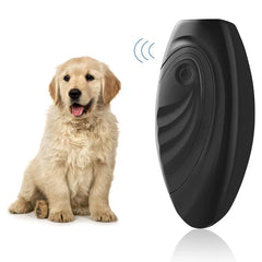 Dog Training Whistle - Black handheld device emitting signal waves positioned next to a sitting golden retriever puppy