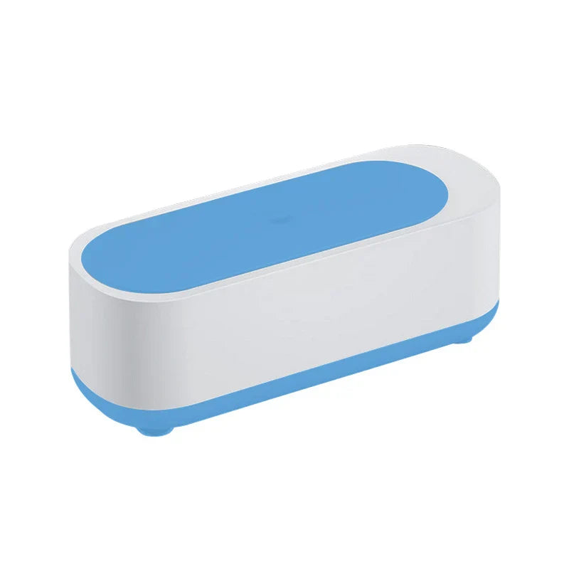 Blue and white oblong eyeglass cleaner machine on a white background