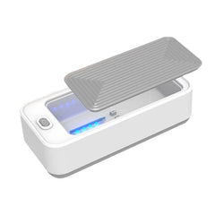Ultrasonic Glasses Cleaner Machine - Compact white and gray cleaning device with lid partially lifted, showing interior blue indicator lights and front power button