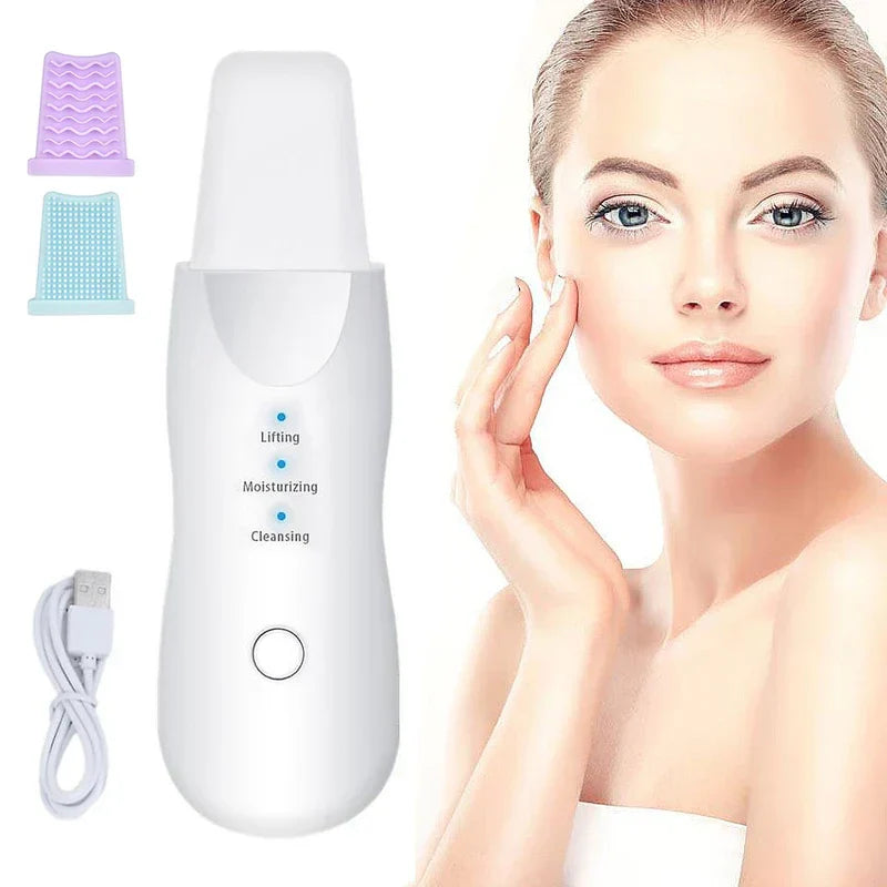 Skin Scrubber Spatula - White handheld skincare device with included silicone covers, USB charging cable, and model demonstrating facial use