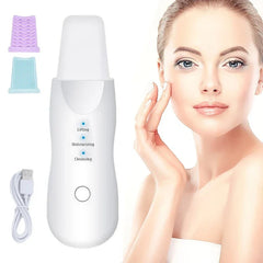 Skin Scrubber Spatula - White handheld skincare device with included silicone covers, USB charging cable, and model demonstrating facial use