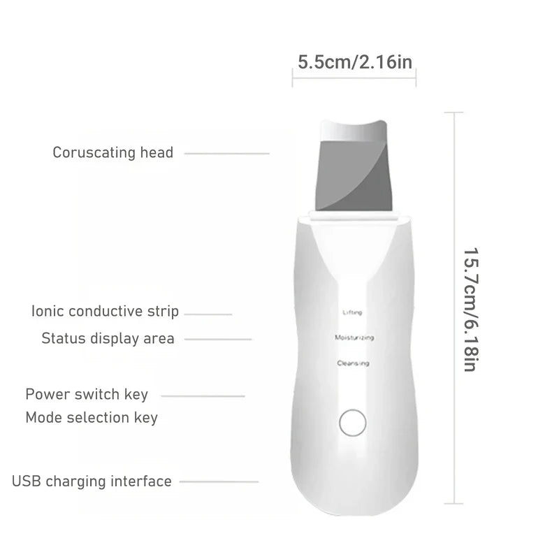 Skin Scrubber Spatula - Line drawing of ultrasonic skin scrubber labeling parts and size dimensions: 15.7cm tall, 5.5cm wide head