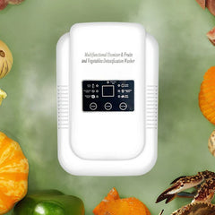 Ultrasonic Vegetable Fruit Washer - White multifunctional ozone food purifier device centered on a muted green background, surrounded by whole produce and a crab.