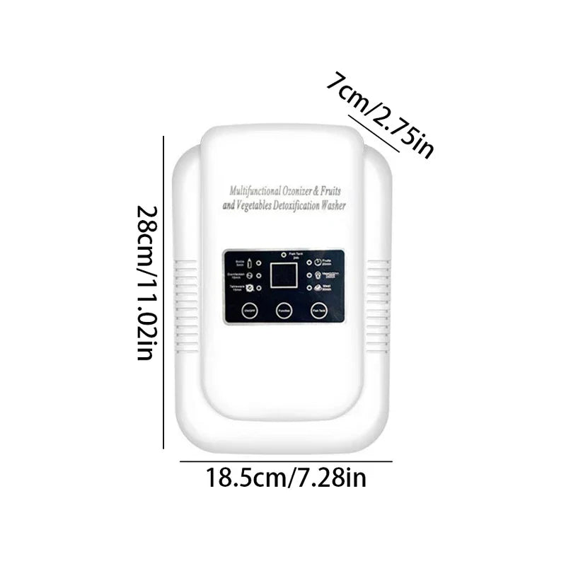 Ultrasonic Vegetable Fruit Washer - White ozone generator product shot with dimension labels on a plain white background