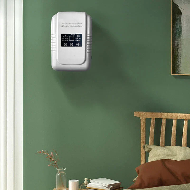 Ultrasonic Vegetable Fruit Washer - Wall-mounted white ozone generator on a dark green bedroom wall above a bedside table