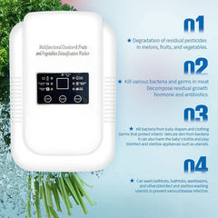 Ultrasonic Vegetable Fruit Washer - White multifunctional ozone food purifier device shown with numbered listed feature points on a light blue splashed green vegetable background