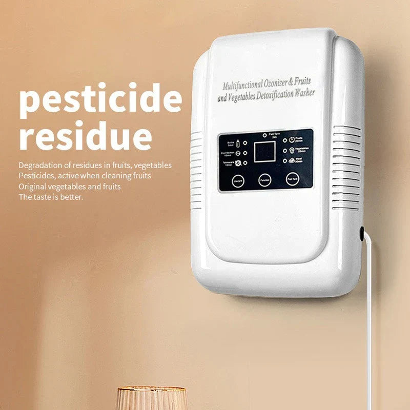 Ultrasonic Vegetable Fruit Washer - Wall-mounted white ozone generator beside text about pesticide residue, on a beige wall