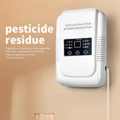 Ultrasonic Vegetable Fruit Washer - Wall-mounted white ozone generator beside text about pesticide residue, on a beige wall