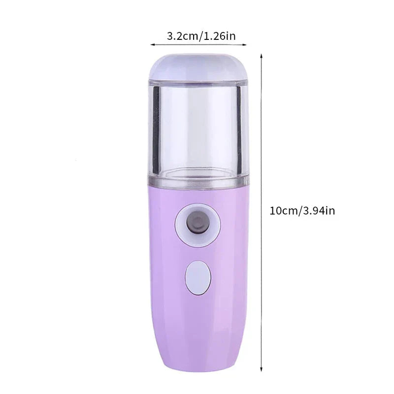 Nano Mist Facial Sprayer - Light purple portable nano facial mist sprayer, displayed with dimensions measuring width 3.2cm /1.26in and height 10cm /3.94in.