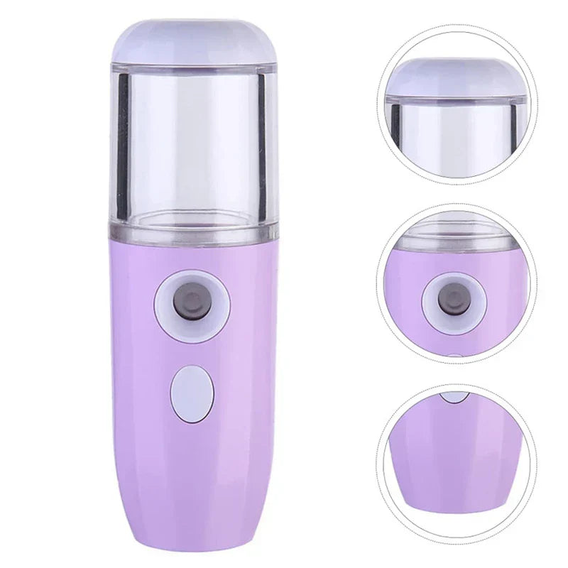 Nano Mist Facial Sprayer - Lavender handheld nano mist sprayer with clear water tank, shown with three close-up detail callouts against a white background