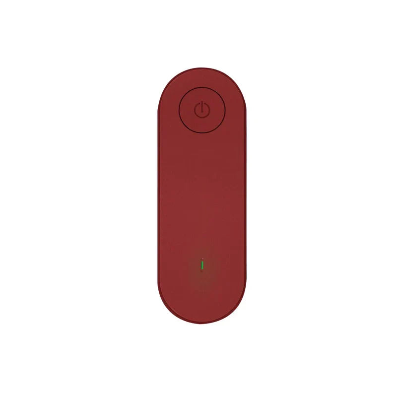 Burgundy oval ultrasonic pest repeller with top power button and small green status light on white background