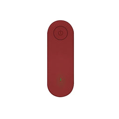 Burgundy oval ultrasonic pest repeller with top power button and small green status light on white background
