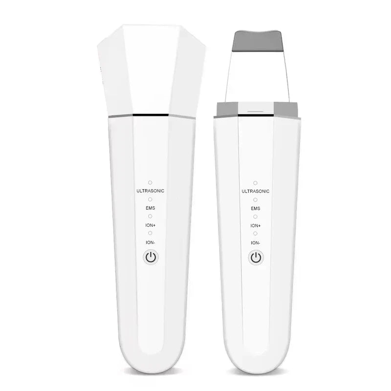 Ultrasonic Skin Scrubber - White handheld facial device with cap on and cap removed, showing labeled function buttons and power control