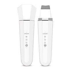 Ultrasonic Skin Scrubber - White handheld facial device with cap on and cap removed, showing labeled function buttons and power control