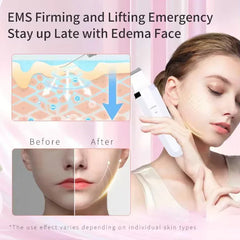 Ultrasonic Skin Scrubber - Demonstration of facial tool use along the jawline, with cross-section skin diagram and split before/after comparison of lower face