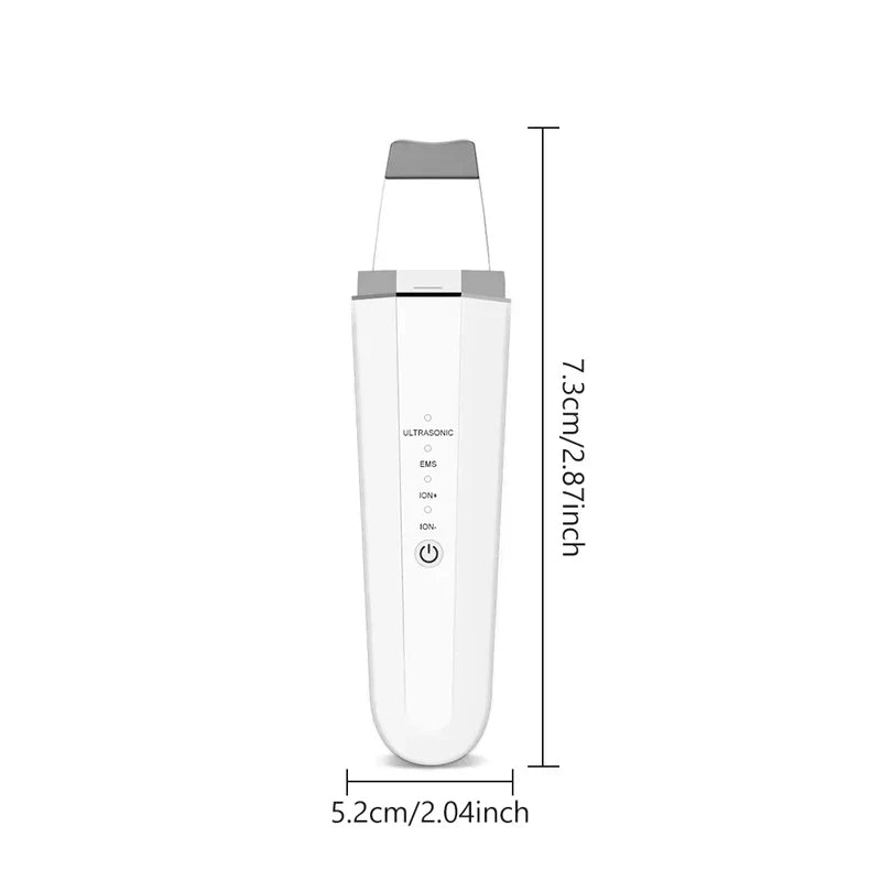 Ultrasonic Skin Scrubber - White handheld ultrasonic skin device shown with its height and width dimensions labeled