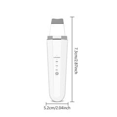 Ultrasonic Skin Scrubber - White handheld ultrasonic skin device shown with its height and width dimensions labeled