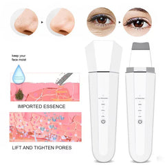 Ultrasonic Skin Scrubber - Diagrams showing pore cleansing and skincare product absorption, alongside two views of the handheld facial device