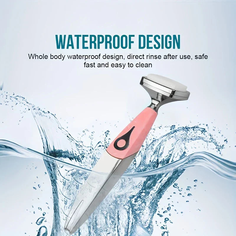 Ultrasonic Spatula - Facial cleansing device shown in splashing water to demonstrate waterproof construction