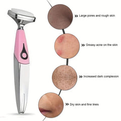 Ultrasonic Spatula - Pink and white handheld facial cleansing brush beside four circular close-ups of different skin conditions with text labels.
