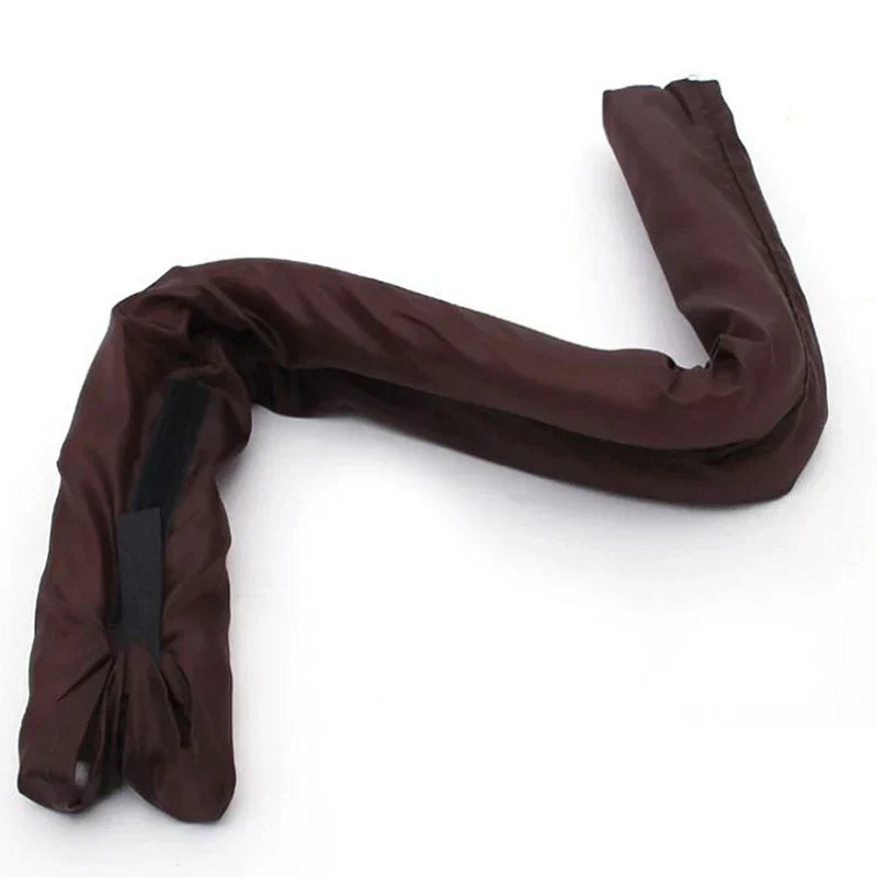 Under Door Draft Stopper - Flexible brown door draft stopper bent into a U shape, with black fastener strips visible