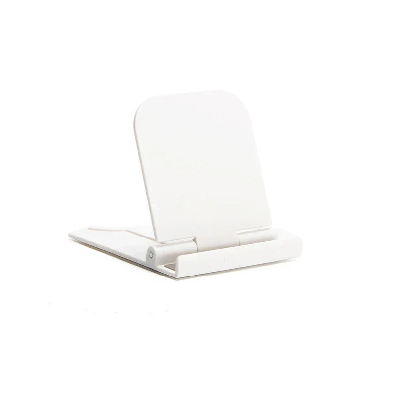 Cell Phone Holder - White foldable adjustable desktop phone stand on a plain white background