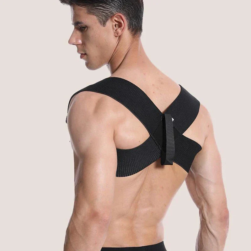 Shoulder Support Belt - Black posture support worn on a man's upper back, showing cross-back design fit
