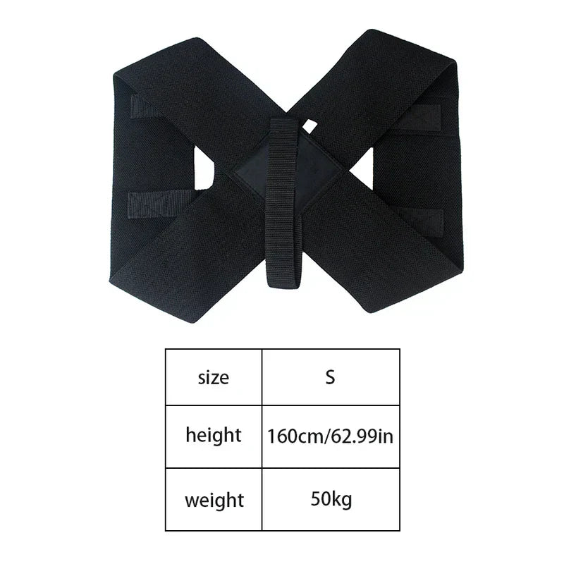 Shoulder Support Belt - Black X-shaped posture corrector laid flat, with size chart showing S for 160cm height, 50kg weight