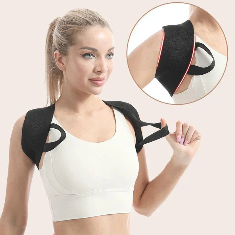 Shoulder Support Belt - Close-up of woman in white sports bra holding one strap of a black shoulder brace, with a magnified inset of the brace's axilla loop