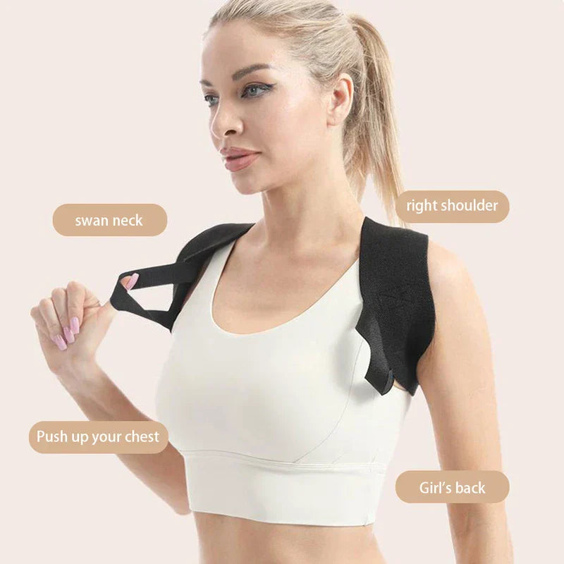 Shoulder Support Belt - Woman in white sports bra wearing the black shoulder brace, holding a strap; labeled callouts point to neck, shoulder, chest and back areas
