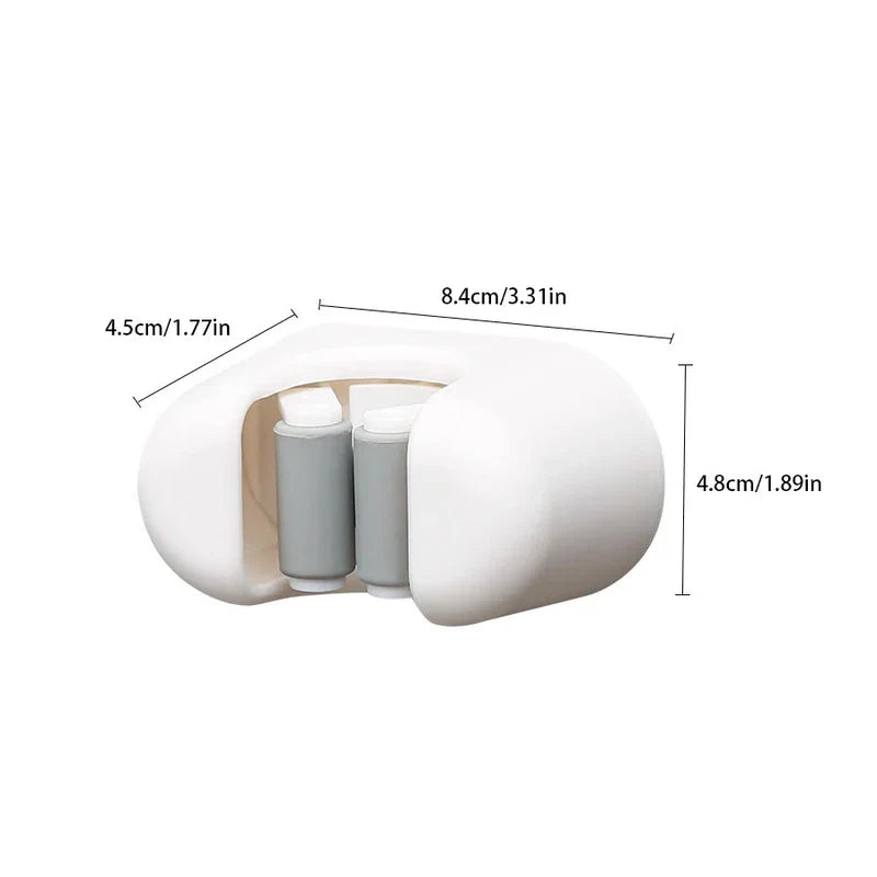 Utility Tool Storage Gripper Hanger System - White wall-mounted mop holder with dimension labels on a plain white background