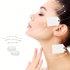 V Line Face Lifting Mask - Diagram showing patch placement on jaw and neck with included adjustment strings and stacked patch stacks