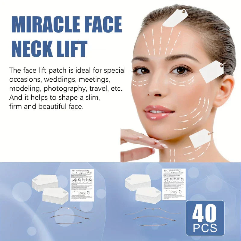 V Line Face Lifting Mask - Infographic showing use cases for lift patches, 40 piece count, and patch stacks with instruction sheets