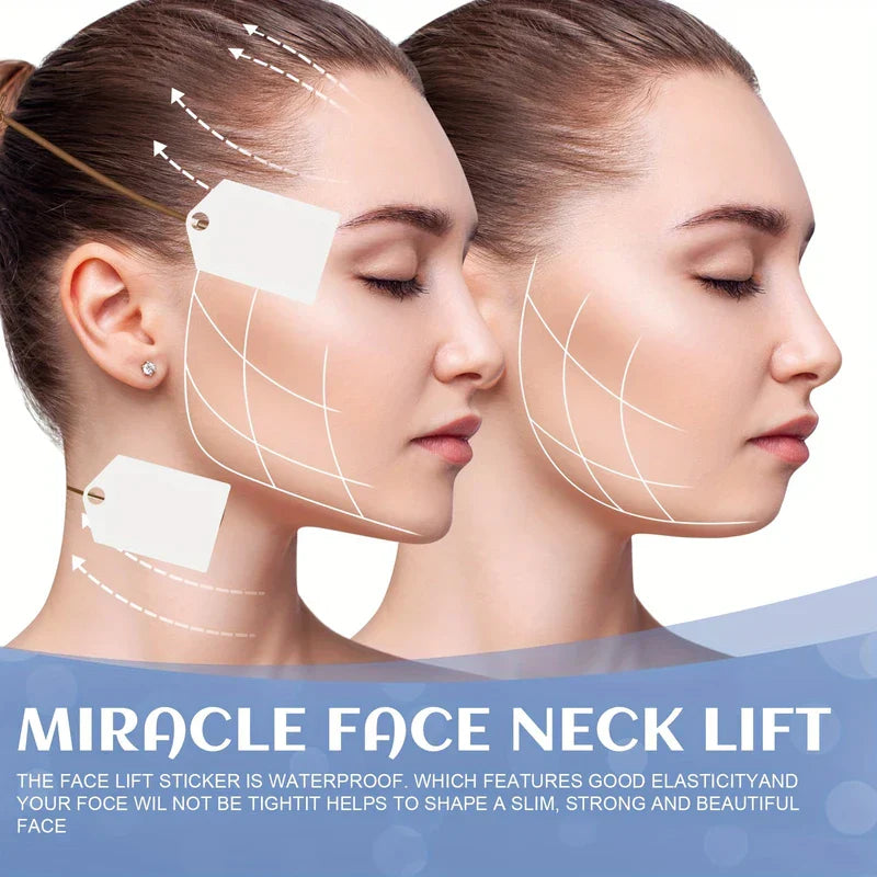 Side-by-side profile comparison shows a woman with and without facial lift stickers applied to her temple and neck, with upward pull lines.