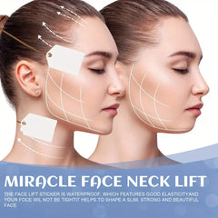 Side-by-side profile comparison shows a woman with and without facial lift stickers applied to her temple and neck, with upward pull lines.
